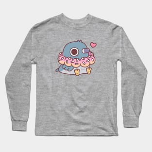 Cute Chubby Pigeon With Donut Necklace Funny Long Sleeve T-Shirt